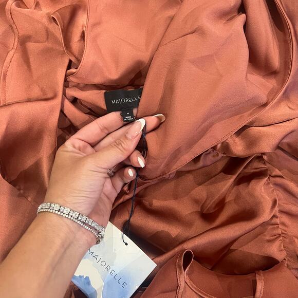 Majorelle Nelly Sain Long Sleeve Ruched Ruffle Dress Terracotta Brown Medium - Picture 5 of 10